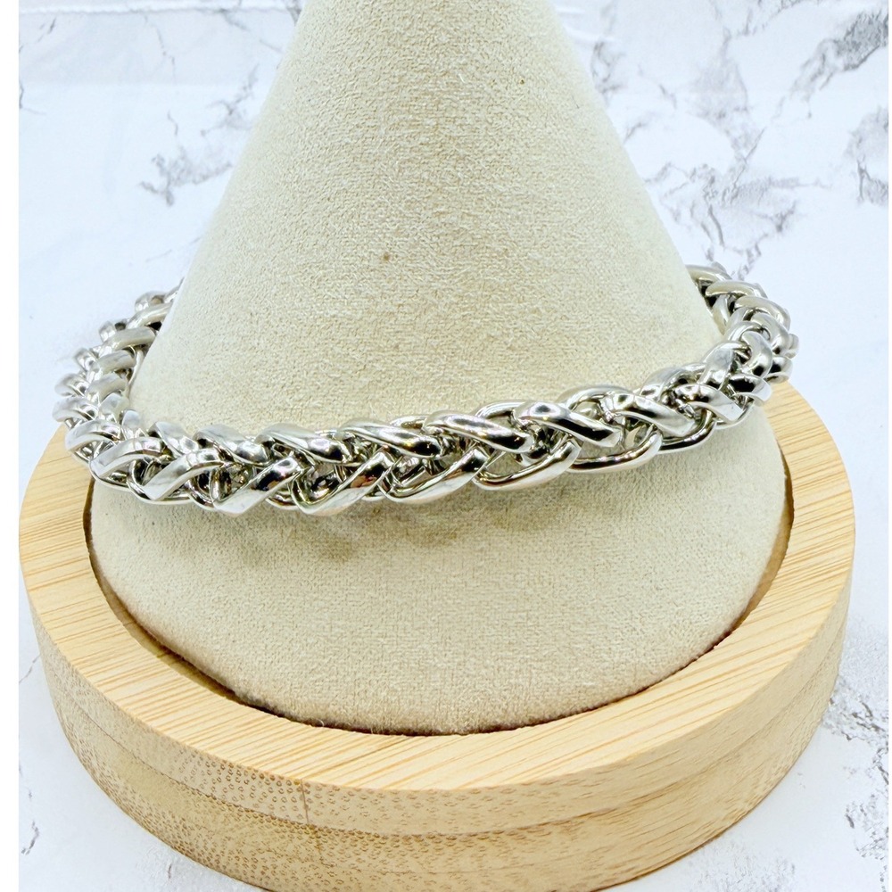 Unisex Chunky Silver Tone Braided Chain Bracelet Adjustable 8.5–11"